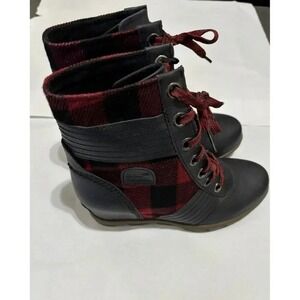 Sorel Lexie Wedge Buffalo Plaid Ankle Booties Boots Girls Youth 5 Red Black NEW